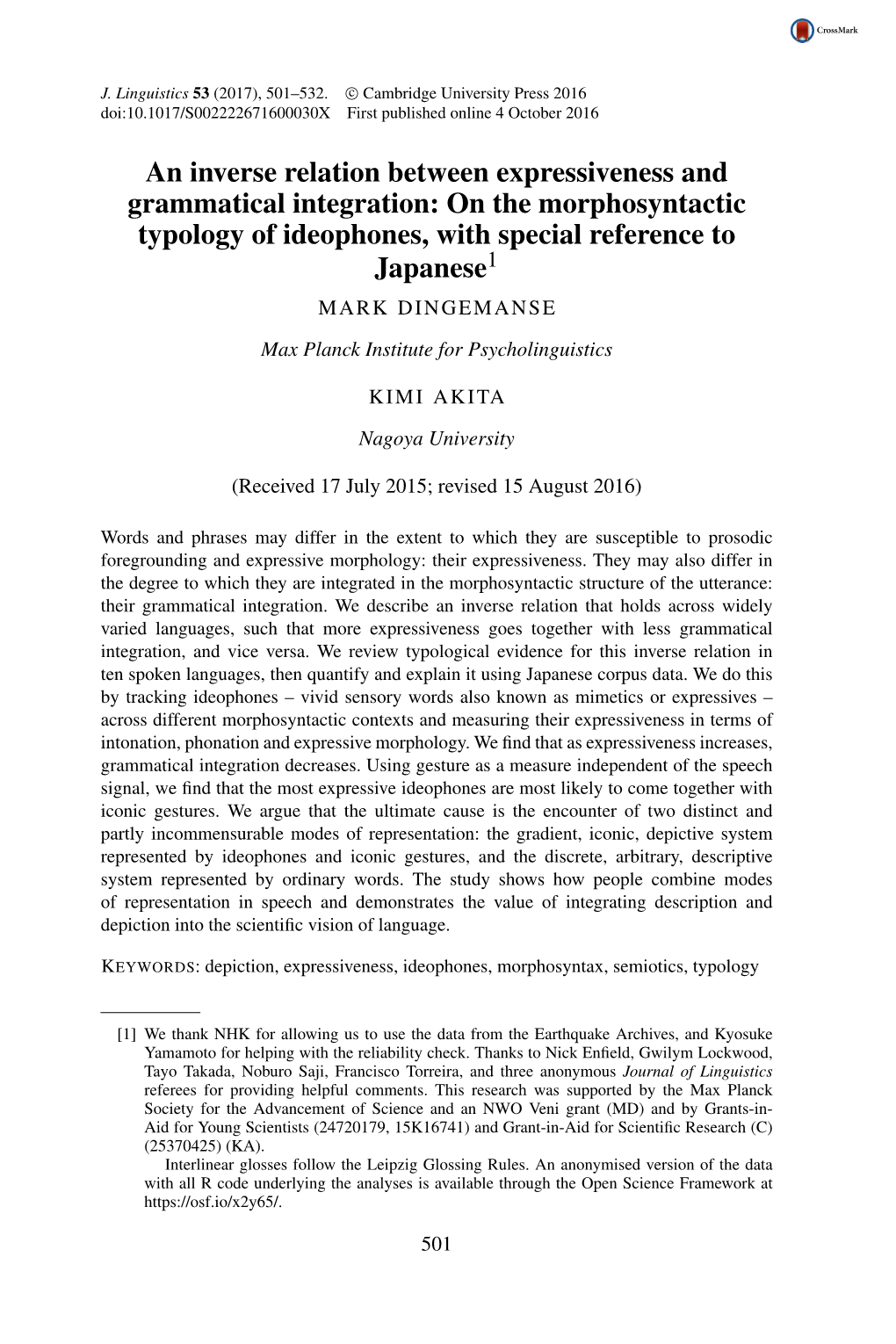 On the Morphosyntactic Typology of Ideophones, with Special Reference to Japanese1 MARK DINGEMANSE Max Planck Institute for Psycholinguistics
