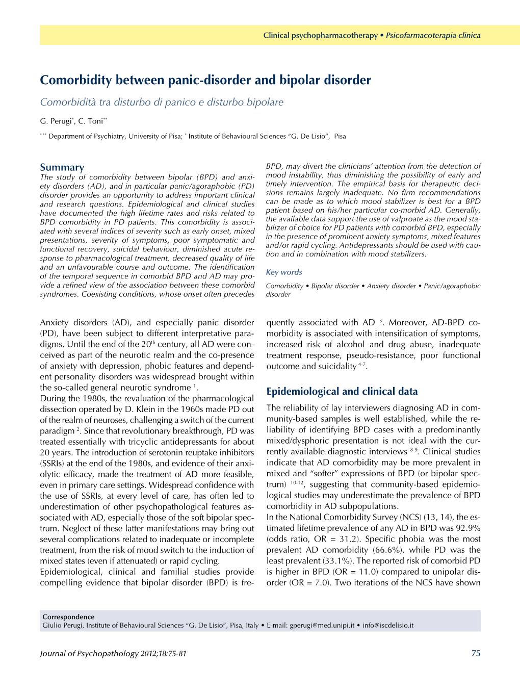 Comorbidity Between Panic-Disorder and Bipolar Disorder Comorbidità Tra Disturbo Di Panico E Disturbo Bipolare