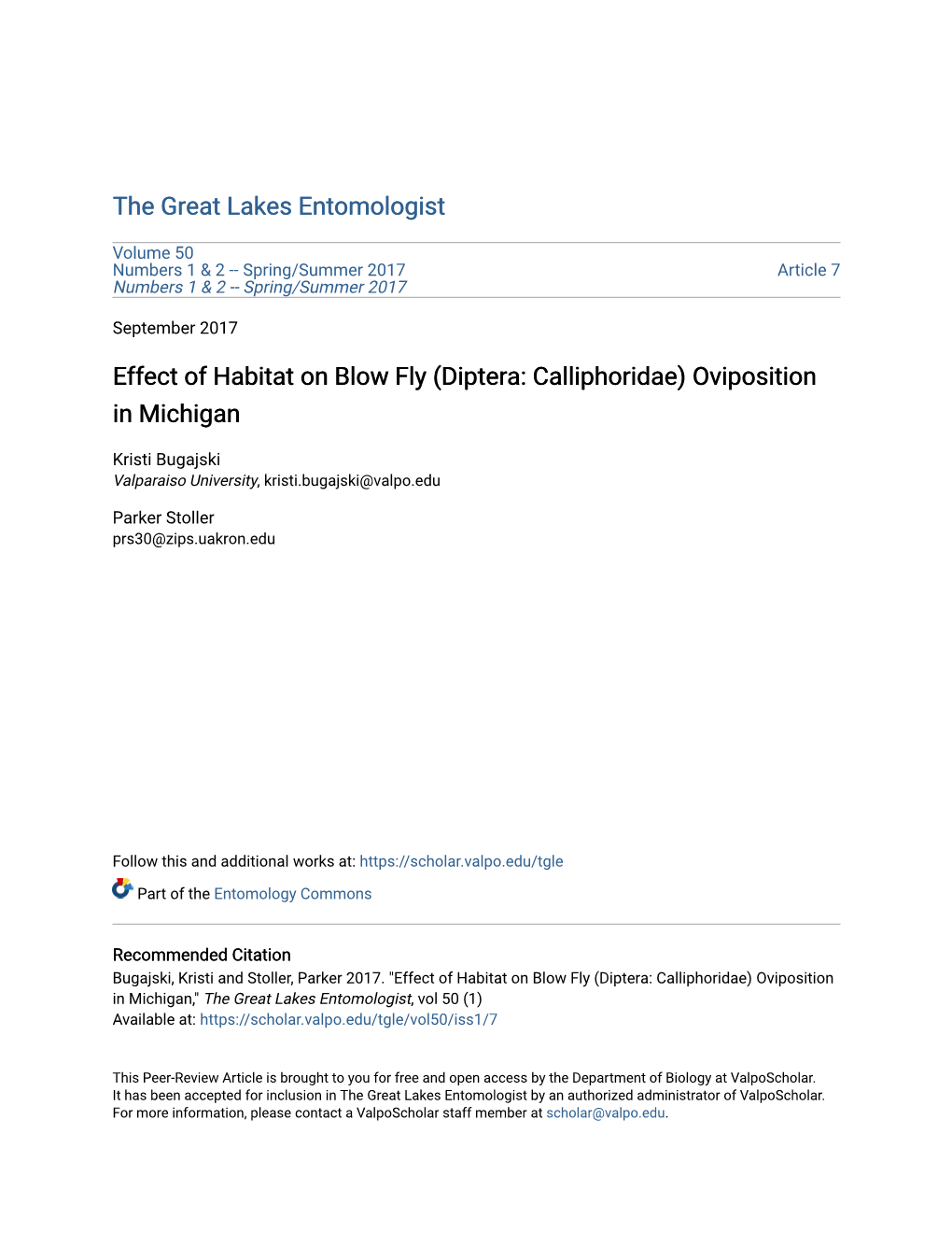 Effect of Habitat on Blow Fly (Diptera: Calliphoridae) Oviposition in Michigan