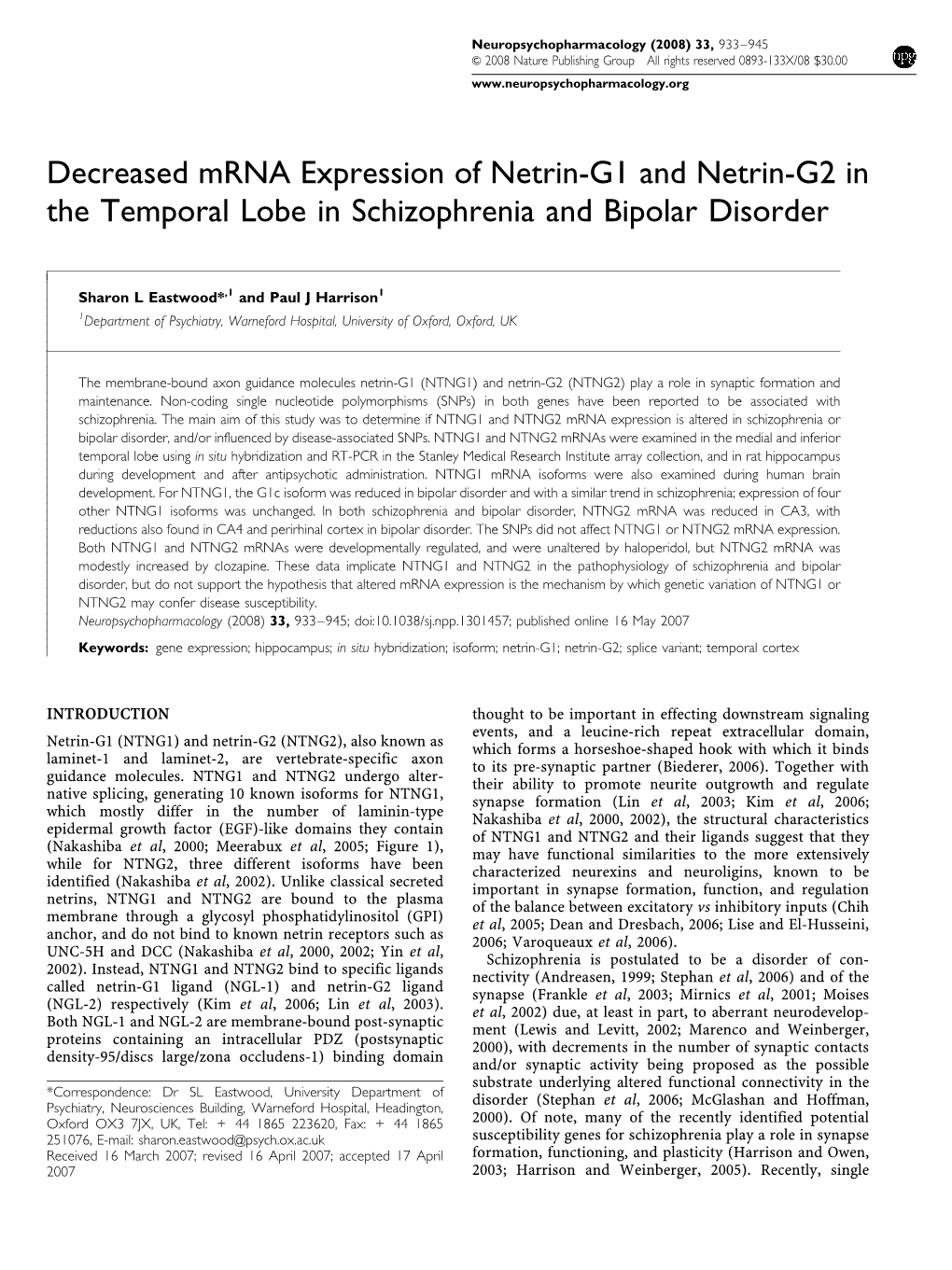 Decreased Mrna Expression of Netrin-G1 and Netrin-G2 in the Temporal Lobe in Schizophrenia and Bipolar Disorder