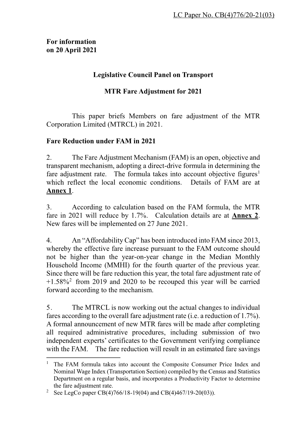 Administration's Paper on MTR Fare Adjustment for 2021