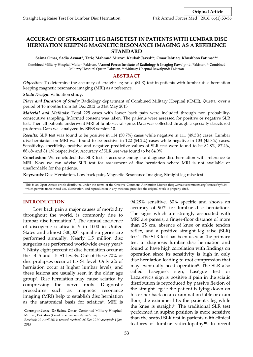 Accuracy of Straight Leg Raise Test in Patients with Lumbar Disc