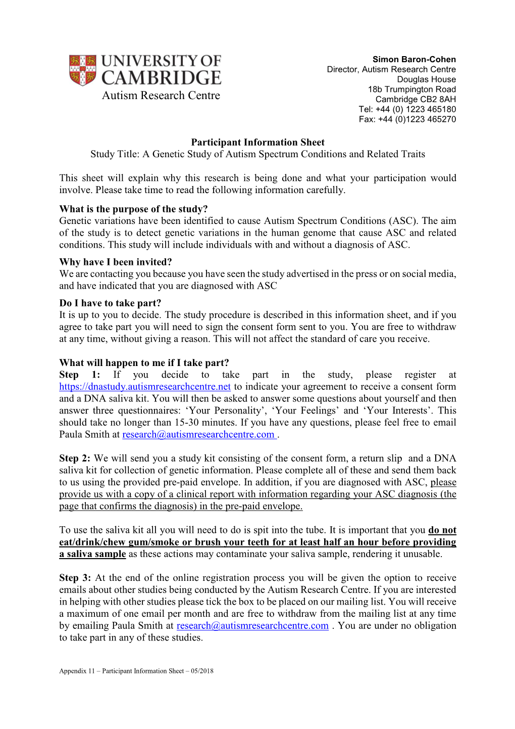 Participant Information Sheet Study Title: a Genetic Study of Autism Spectrum Conditions and Related Traits
