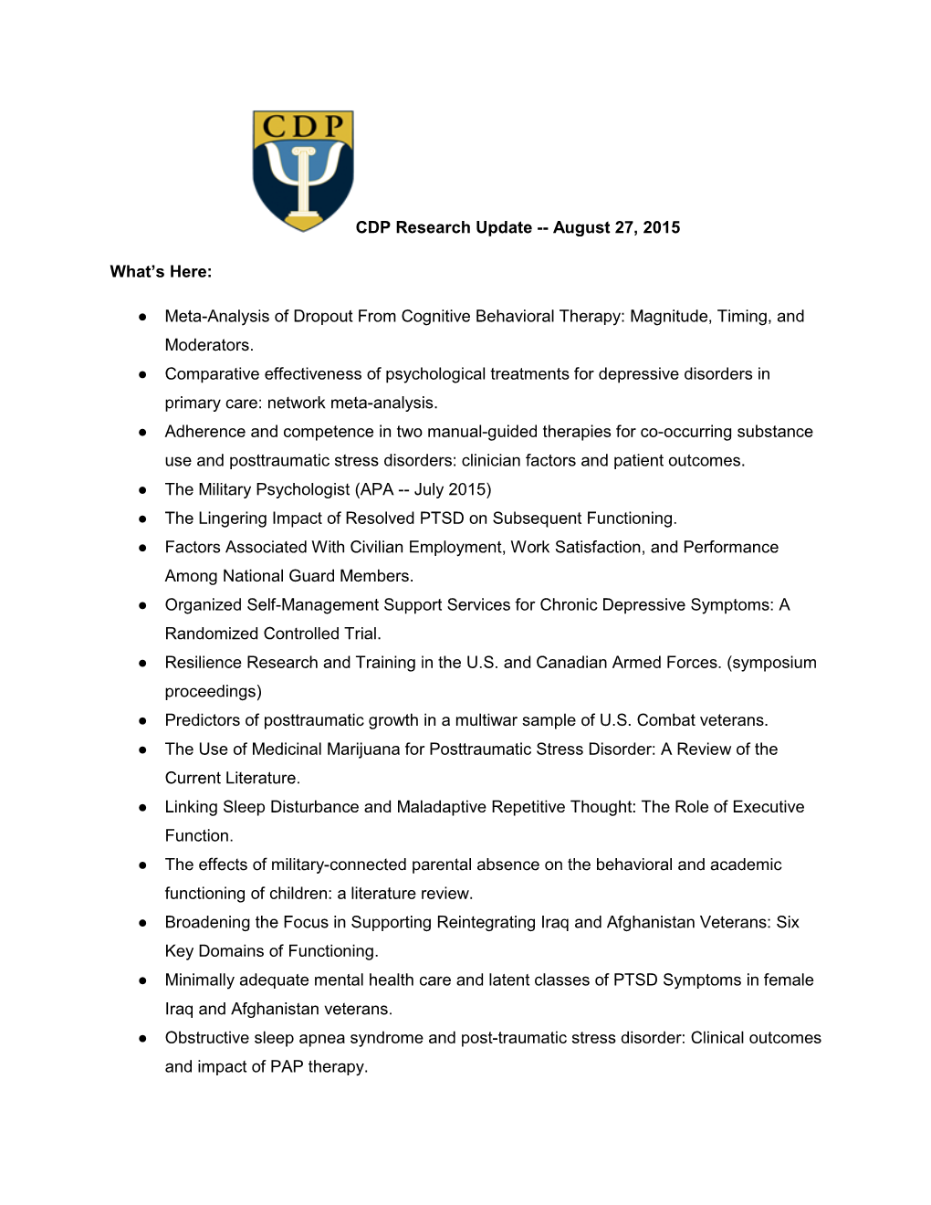 CDP Research Update -- August 27, 2015