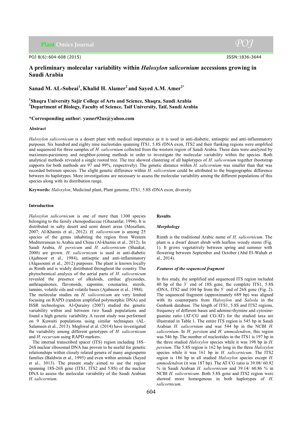 604 a Preliminary Molecular Variability Within Haloxylon Salicornium