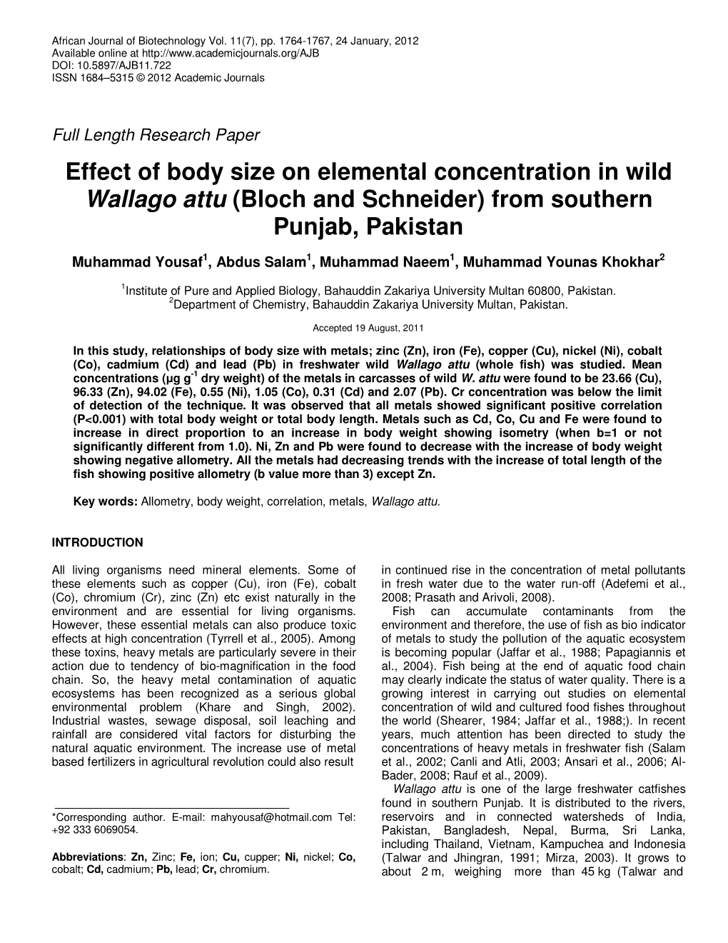 Effect of Body Size on Elemental Concentration in Wild Wallago Attu (Bloch and Schneider) from Southern Punjab, Pakistan