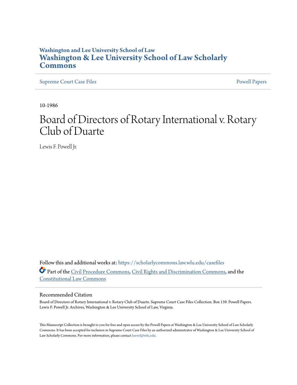 Board of Directors of Rotary International V. Rotary Club of Duarte Lewis F