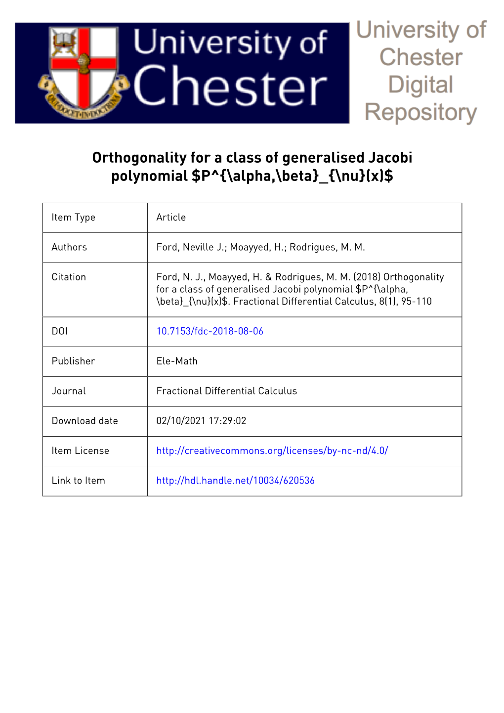 (X) 1. Introduction Orthogonal Families of Polynomial Are Impo