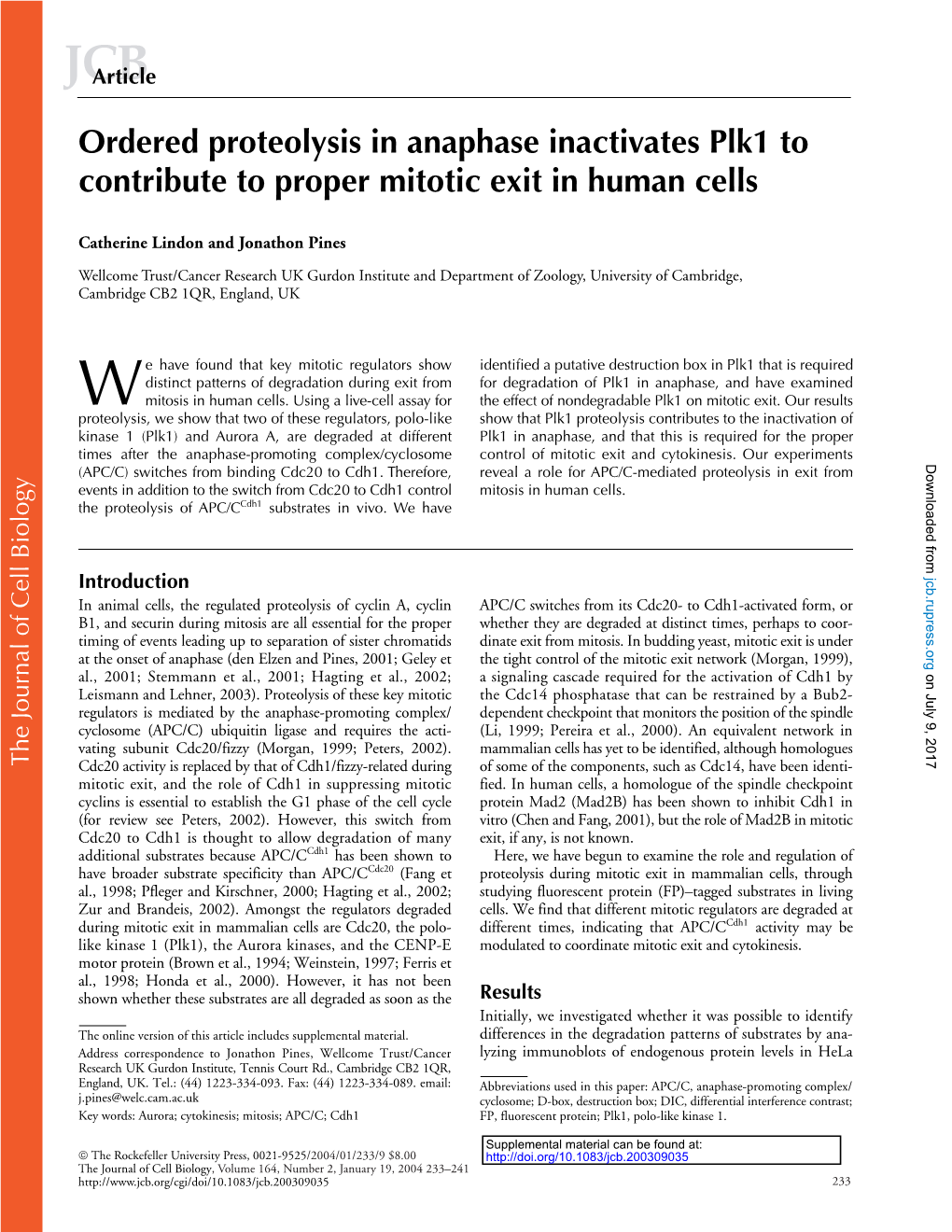 Ordered Proteolysis in Anaphase Inactivates Plk1