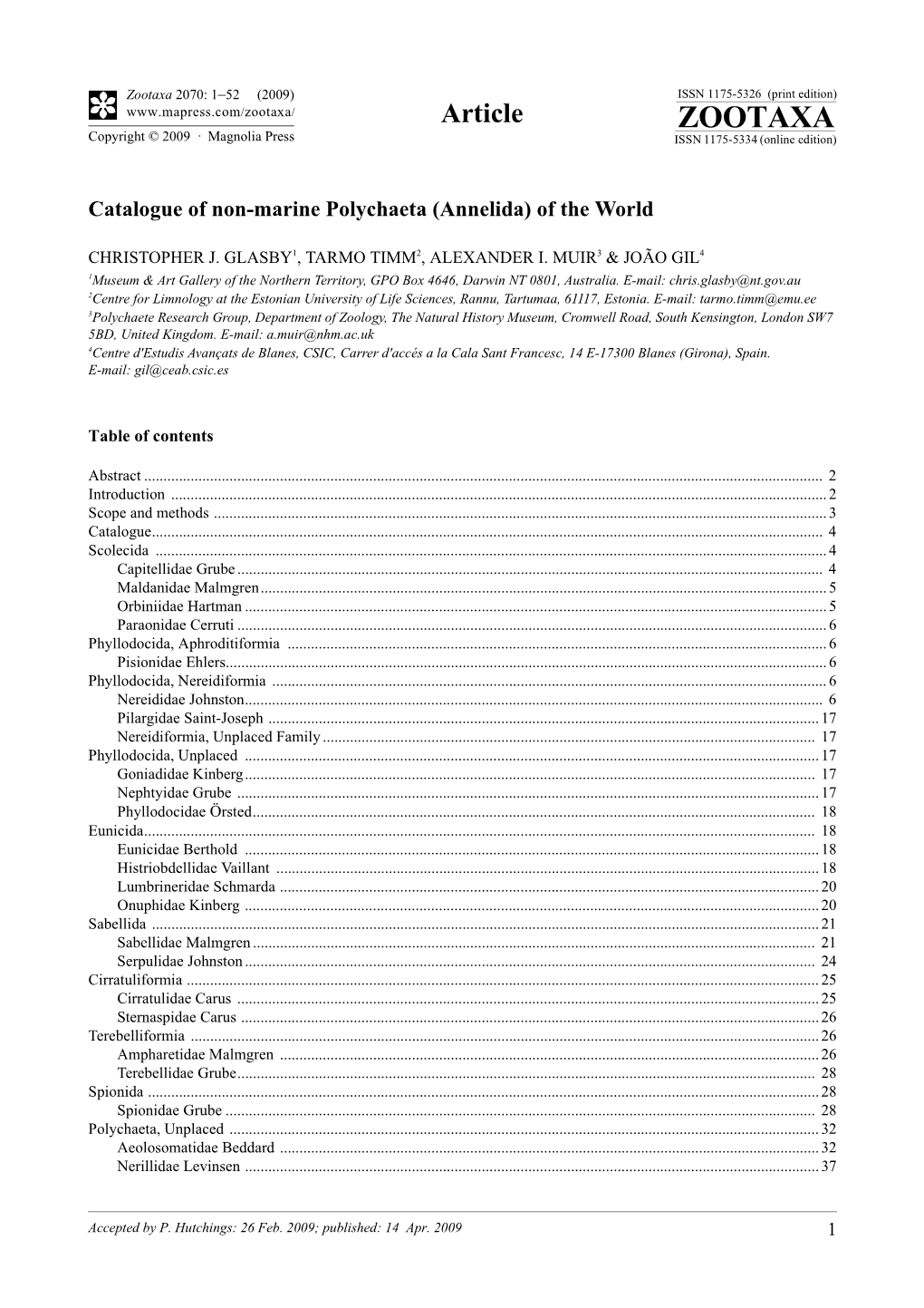 Zootaxa, Catalogue of Non-Marine Polychaeta (Annelida)