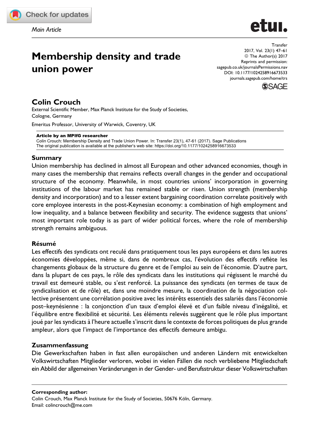 Membership Density and Trade Union Power