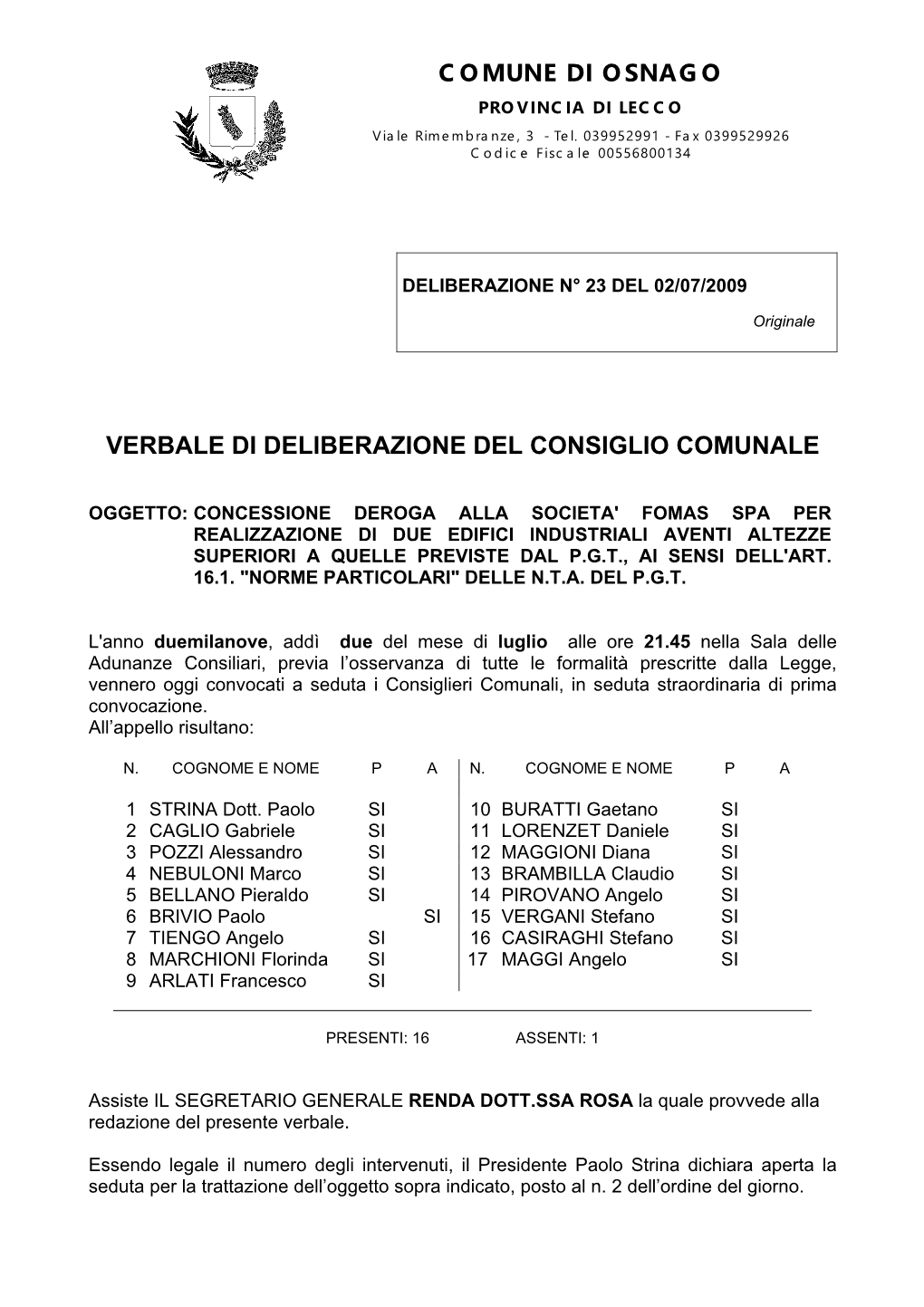 Comune Di Osnago Verbale Di Deliberazione Del Consiglio Comunale