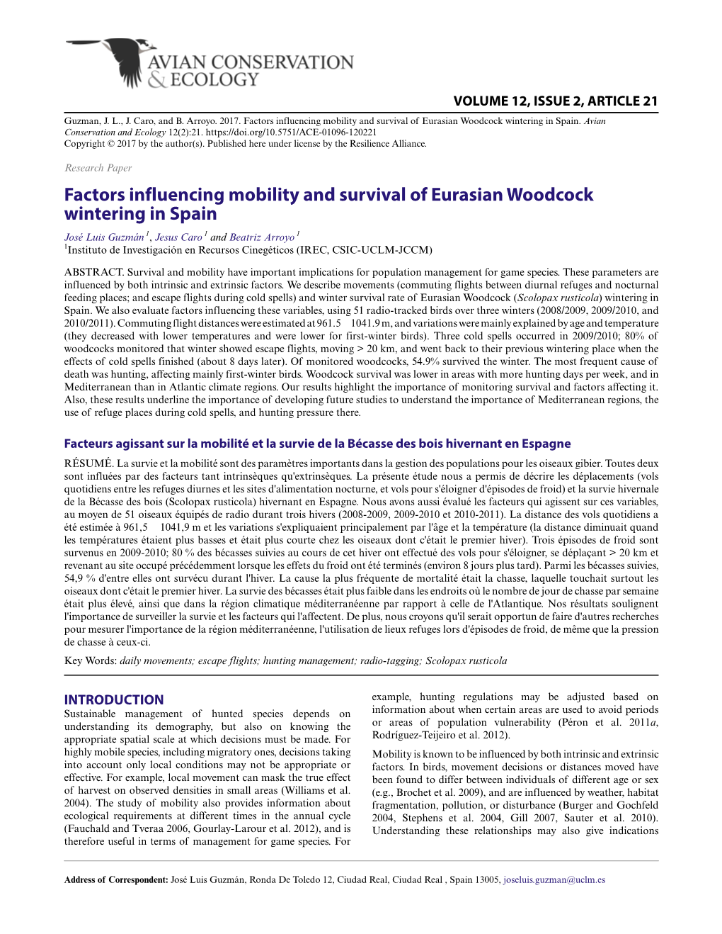 Factors Influencing Mobility and Survival of Eurasian Woodcock Wintering in Spain