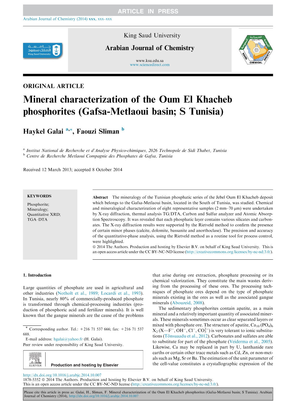 Mineral Characterization of the Oum El Khacheb Phosphorites (Gafsa-Metlaoui Basin; S Tunisia)