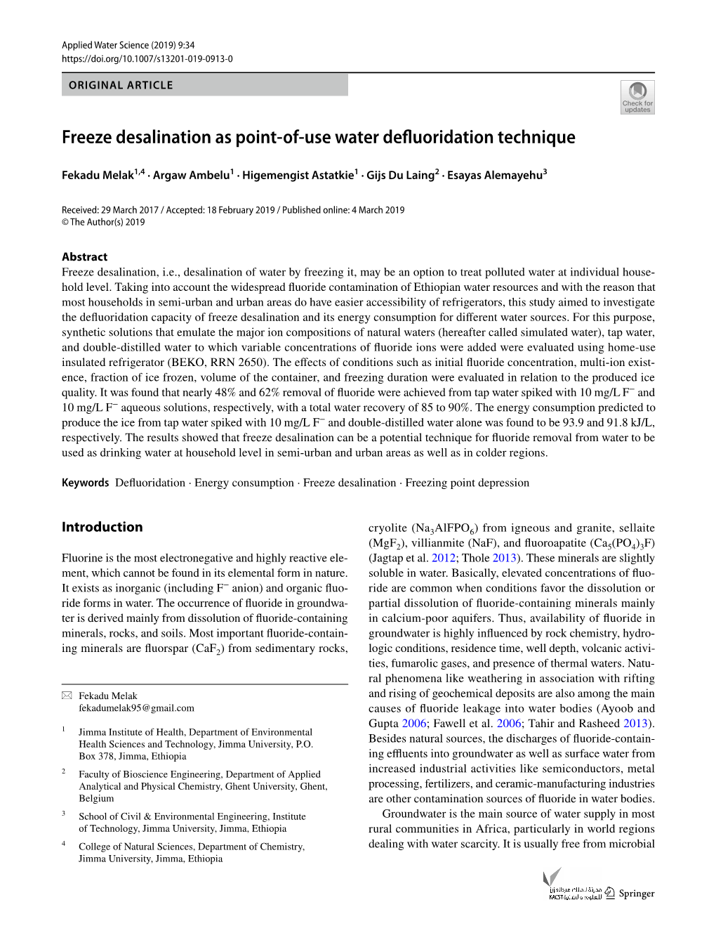 Freeze Desalination As Point-Of-Use Water Defluoridation Technique