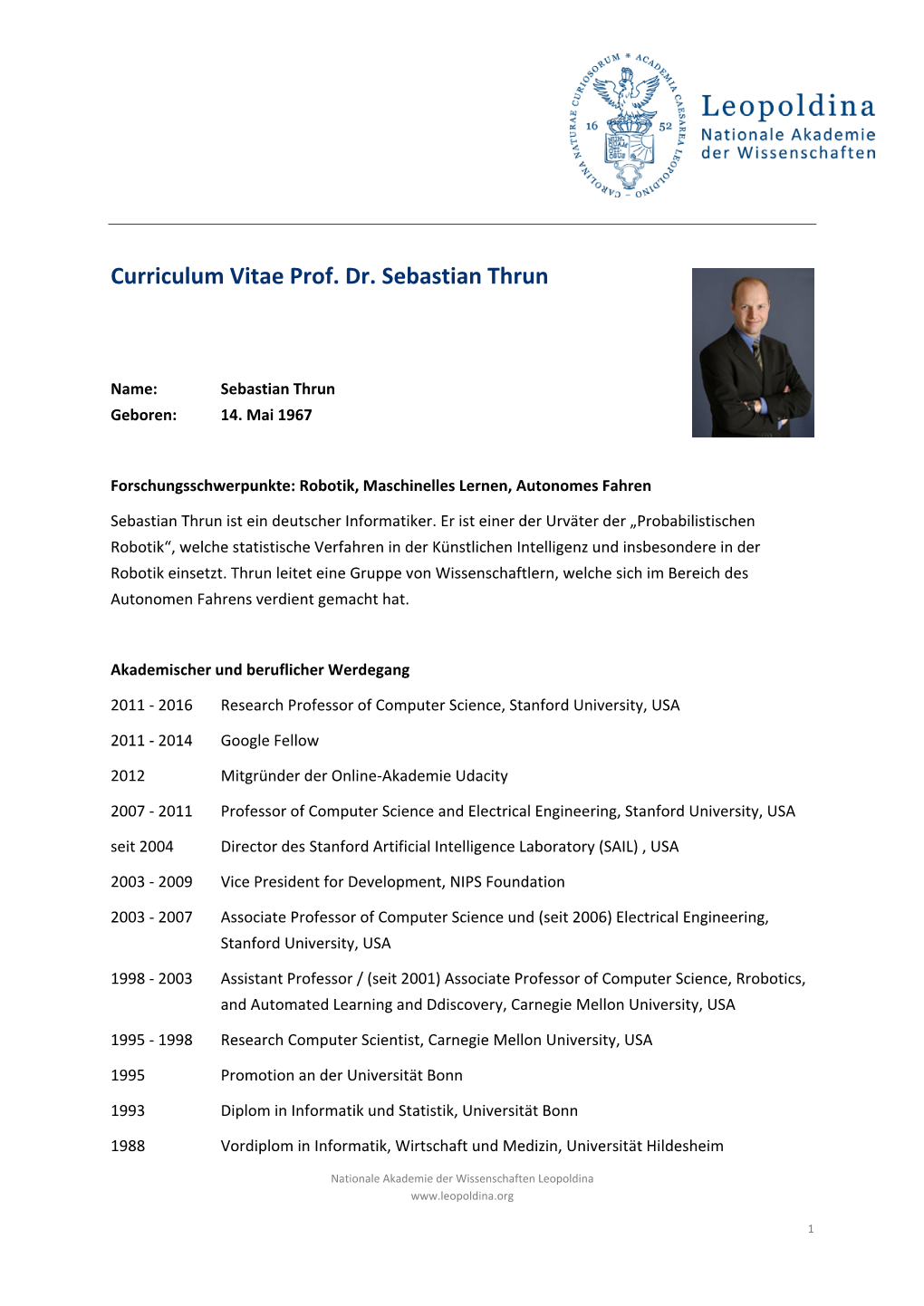Curriculum Vitae Prof. Dr. Sebastian Thrun