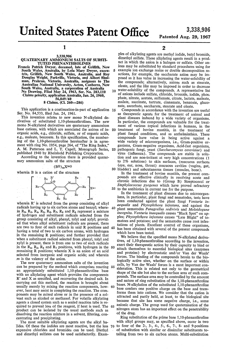 United States Patent Office Patented Aug