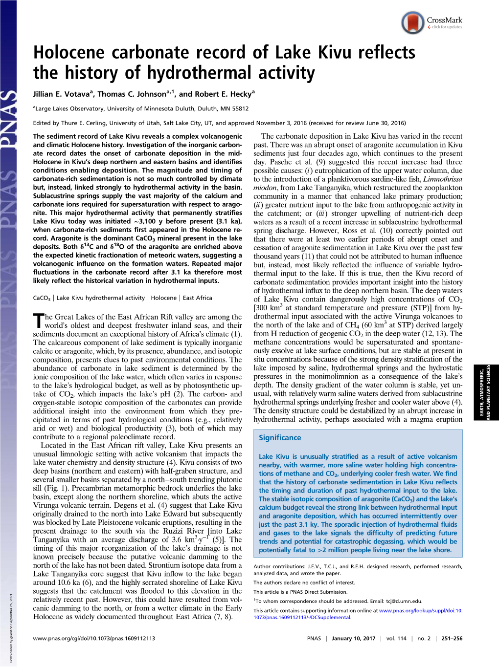 Holocene Carbonate Record of Lake Kivu Reflects the History of Hydrothermal Activity