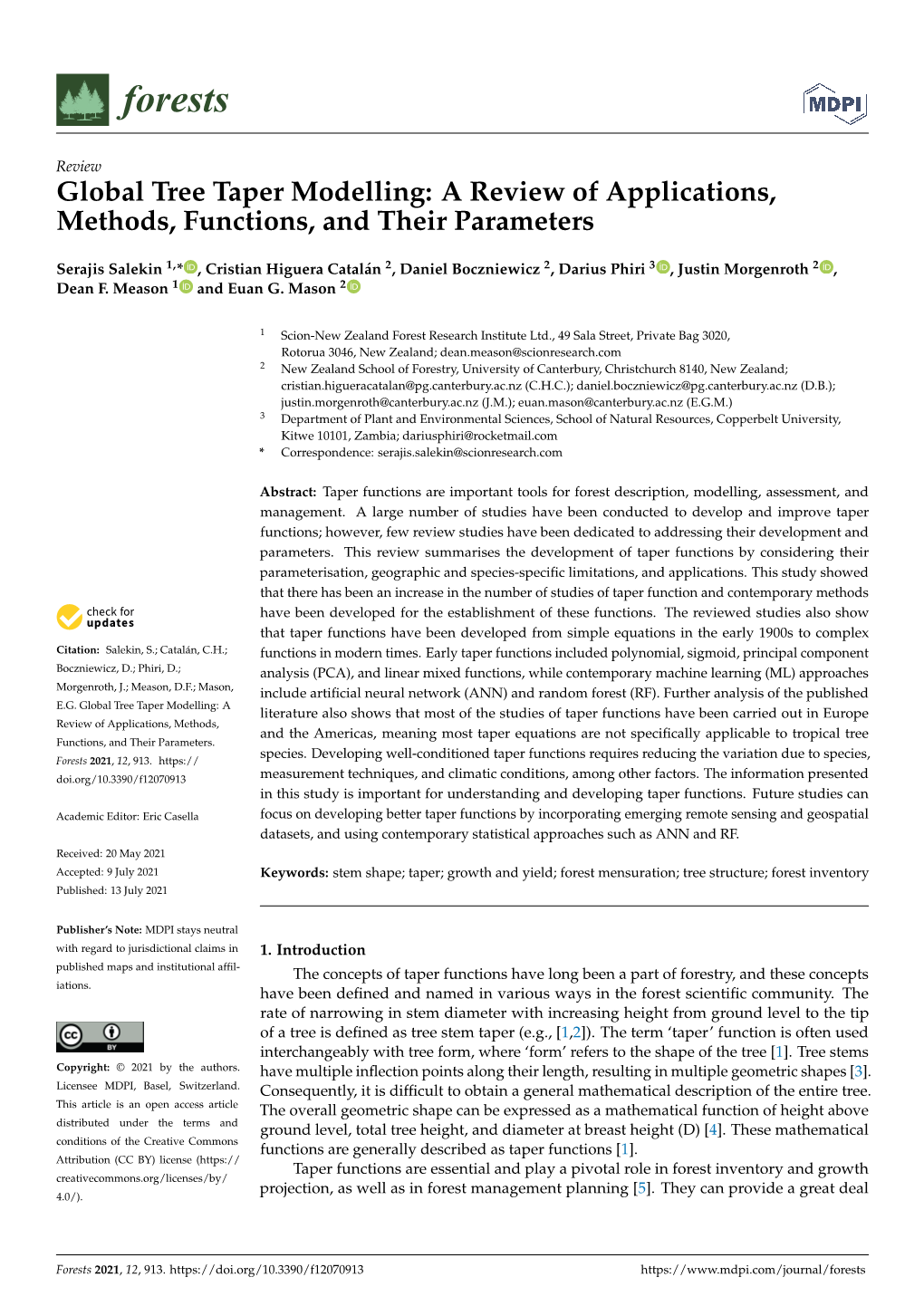 Global Tree Taper Modelling: a Review of Applications, Methods, Functions, and Their Parameters