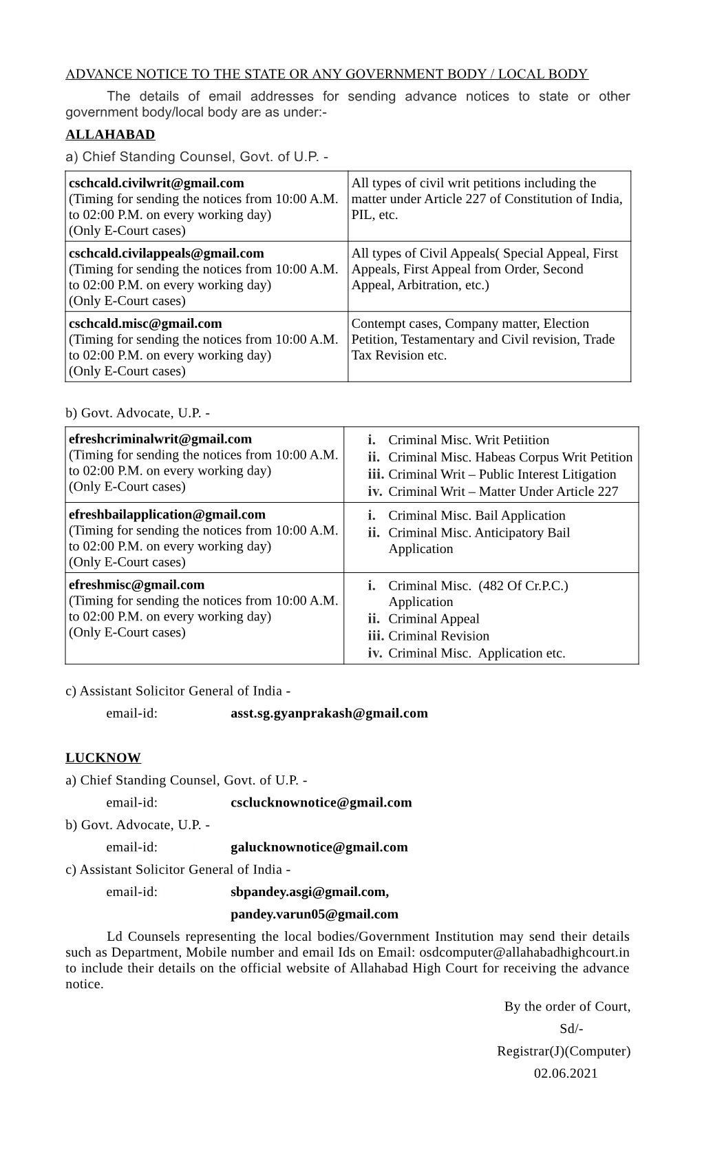 The Details of Email Addresses for Sending Advance Notices to State Or Other Government Body/Local Body Are As Under:- ALLAHABAD A) Chief Standing Counsel, Govt