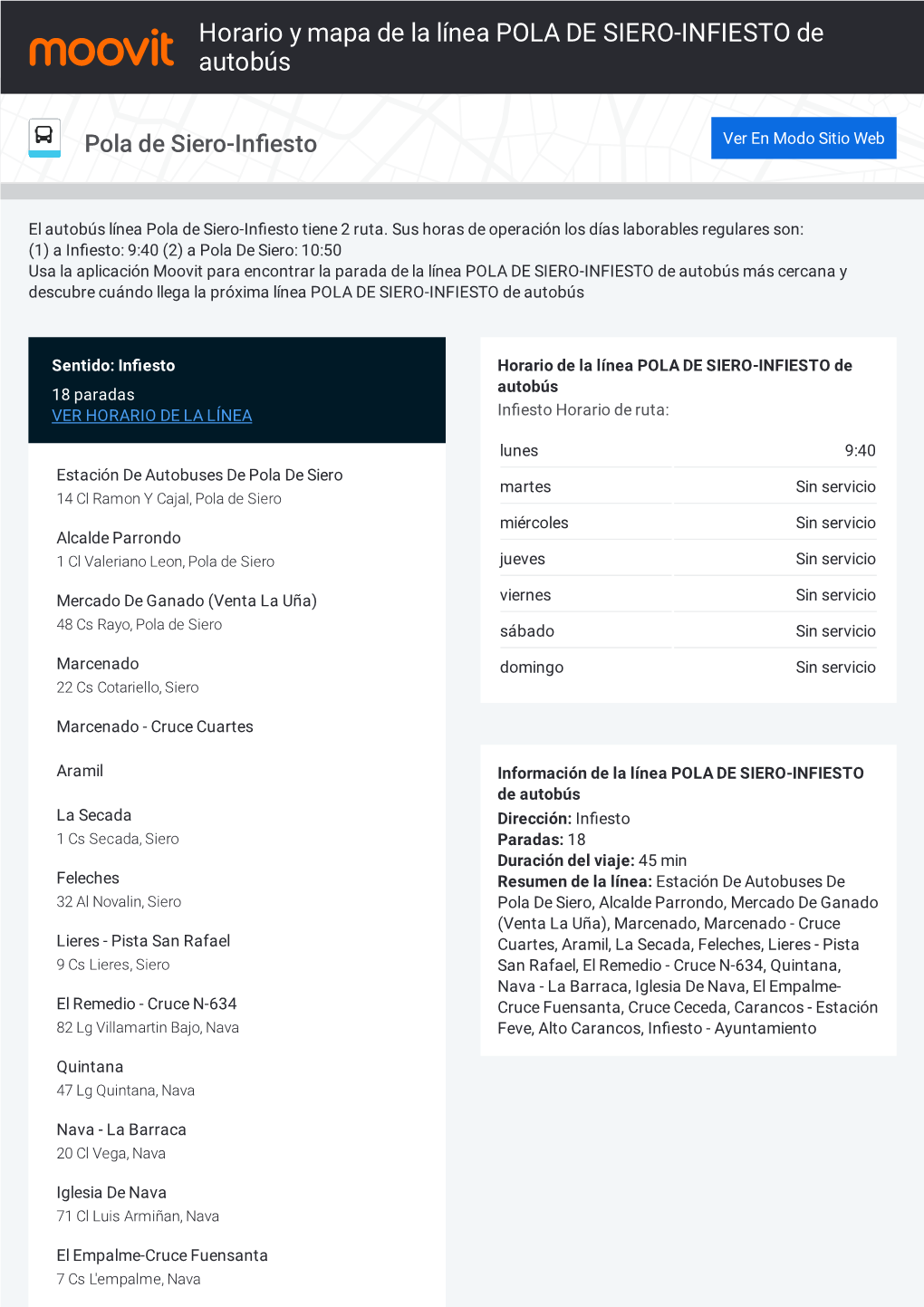 Horario Y Mapa De La Línea POLA DE SIERO-INFIESTO De Autobús