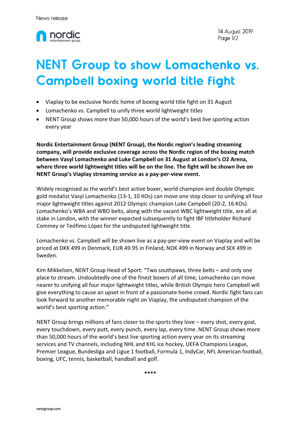 Viaplay to Be Exclusive Nordic Home of Boxing World Title Fight on 31 August • Lomachenko Vs. Campbell to Unify Three Worl
