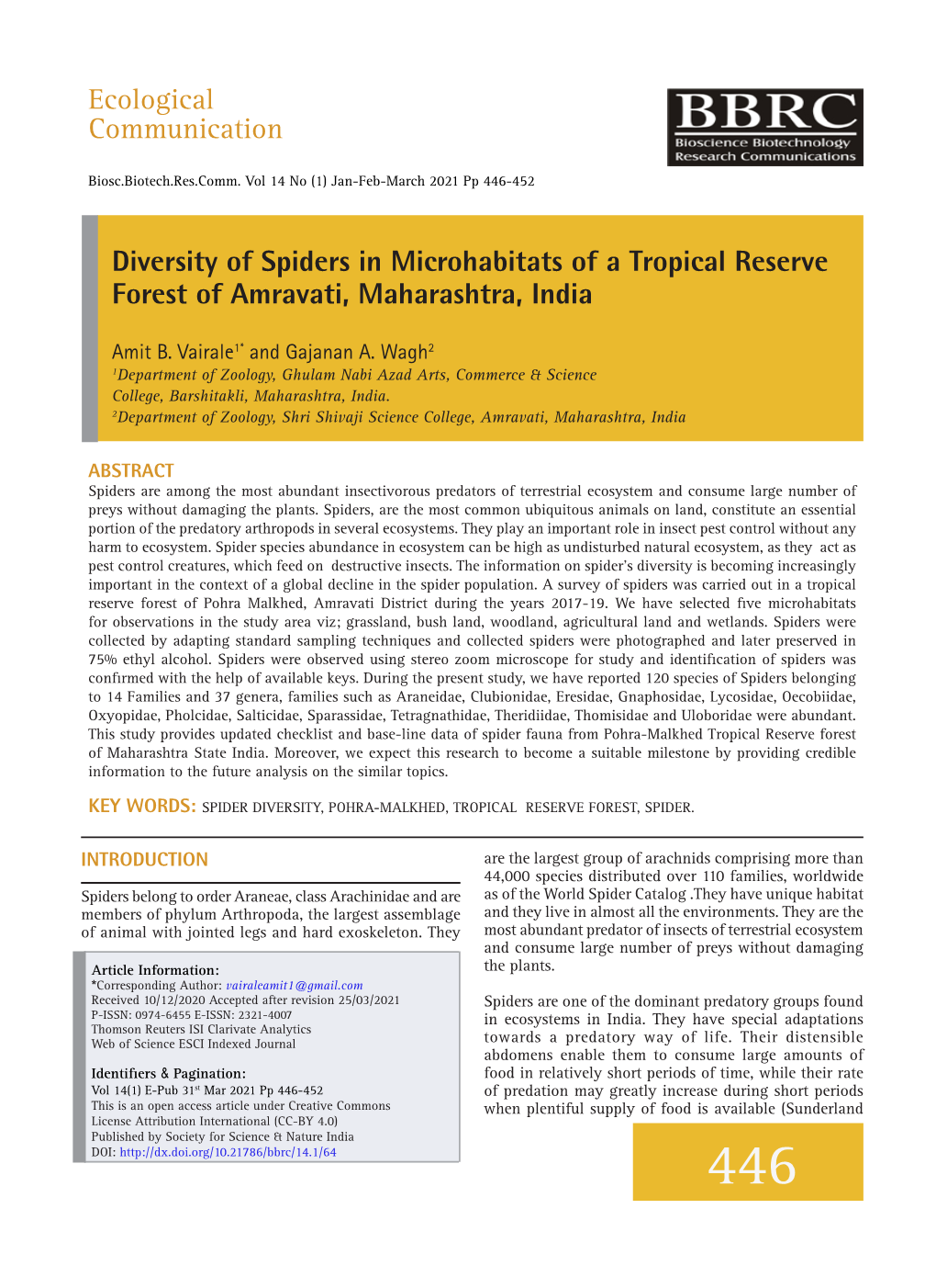 Diversity of Spiders in Microhabitats of a Tropical Reserve Forest of Amravati, Maharashtra, India