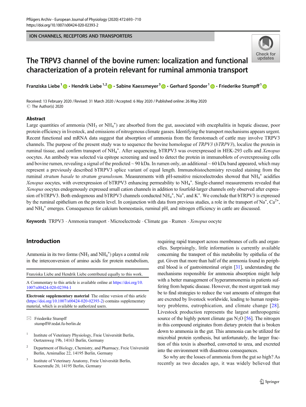 The TRPV3 Channel of the Bovine Rumen: Localization and Functional Characterization of a Protein Relevant for Ruminal Ammonia Transport