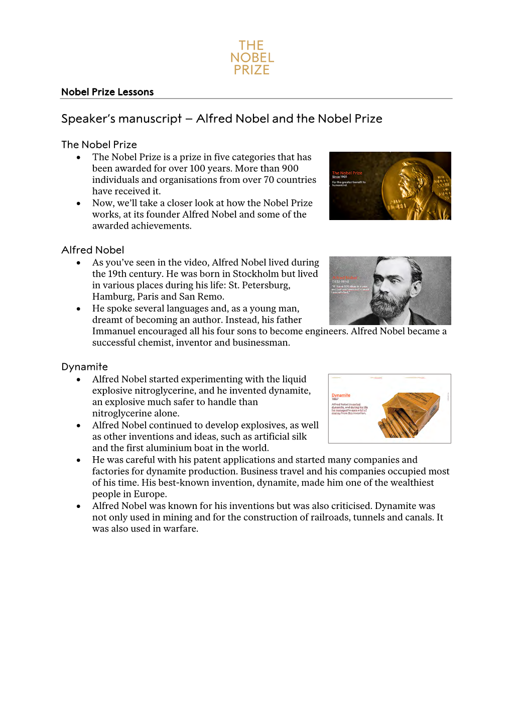 Speaker's Manuscript – Alfred Nobel and the Nobel Prize