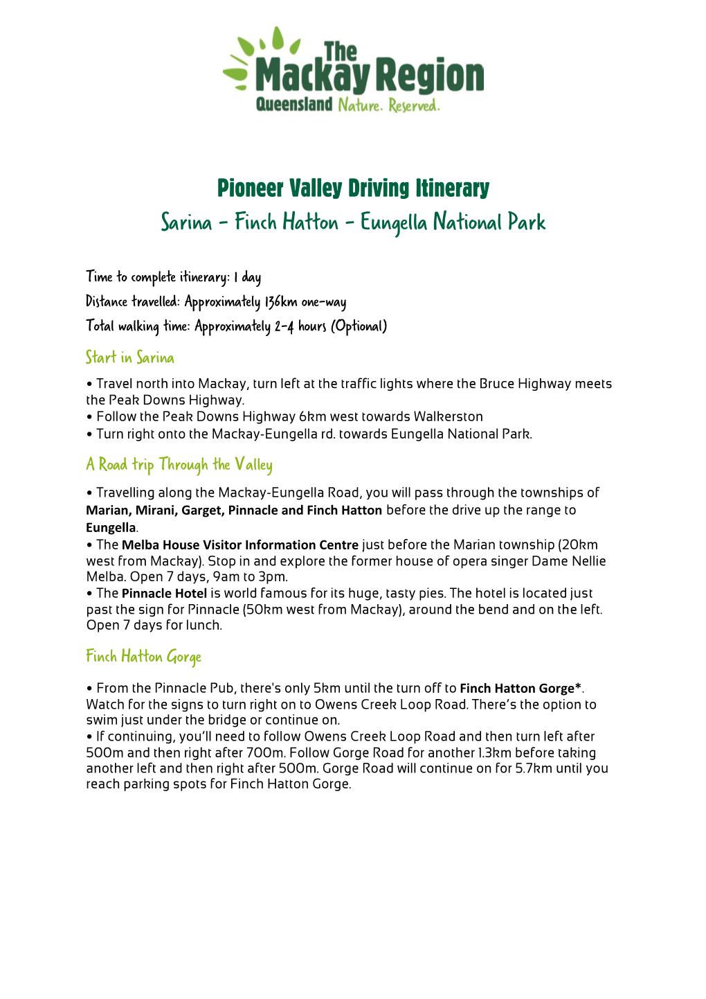 Pioneer Valley Driving Itinerary Sarina - Finch Hatton - Eungella National Park