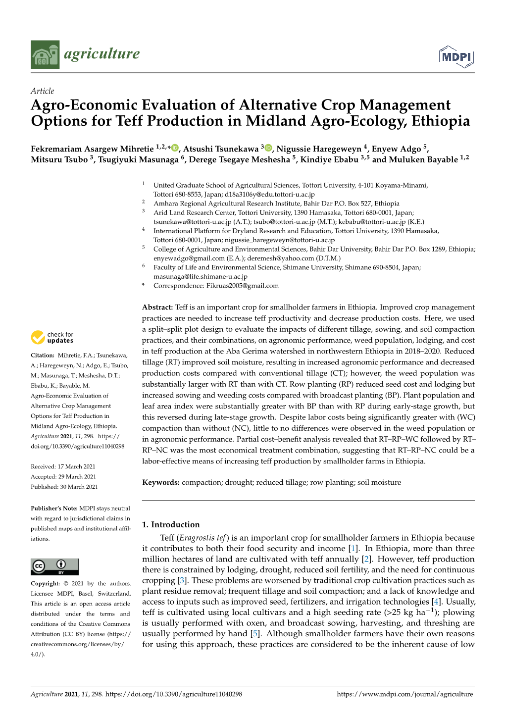 Agro-Economic Evaluation of Alternative Crop Management Options for Teff Production in Midland Agro-Ecology, Ethiopia