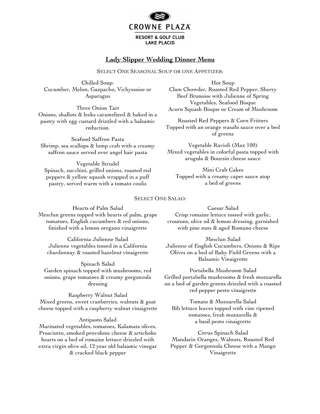 Lady Slipper Wedding Dinner Menu