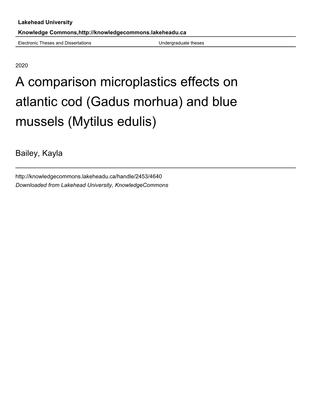 Gadus Morhua) and Blue Mussels (Mytilus Edulis