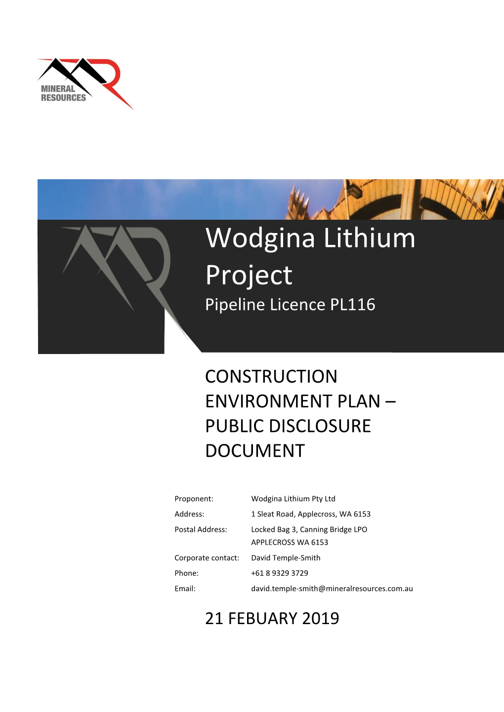 Wodgina Lithium Project Pipeline Licence PL116