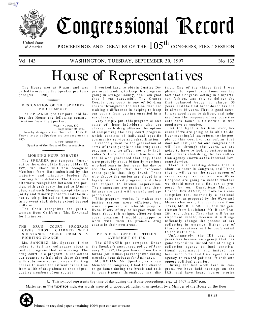 Congressional Record United States Th of America PROCEEDINGS and DEBATES of the 105 CONGRESS, FIRST SESSION