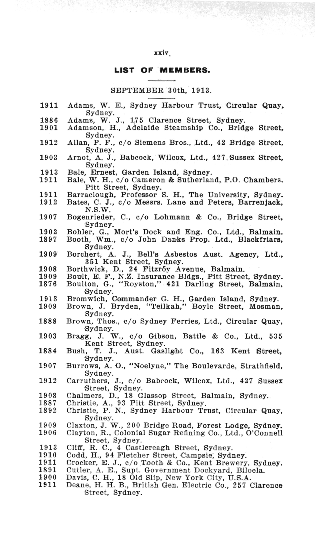 SEPTEMBER 30Th, 1913. 1911 Adams, W. E., Sydney Har'bour