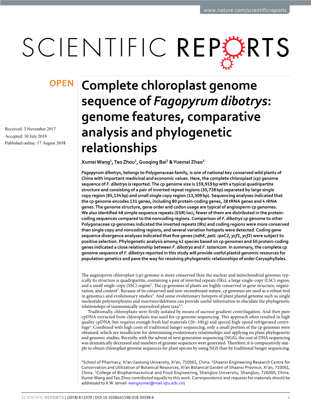 Complete Chloroplast Genome Sequence of Fagopyrum Dibotrys