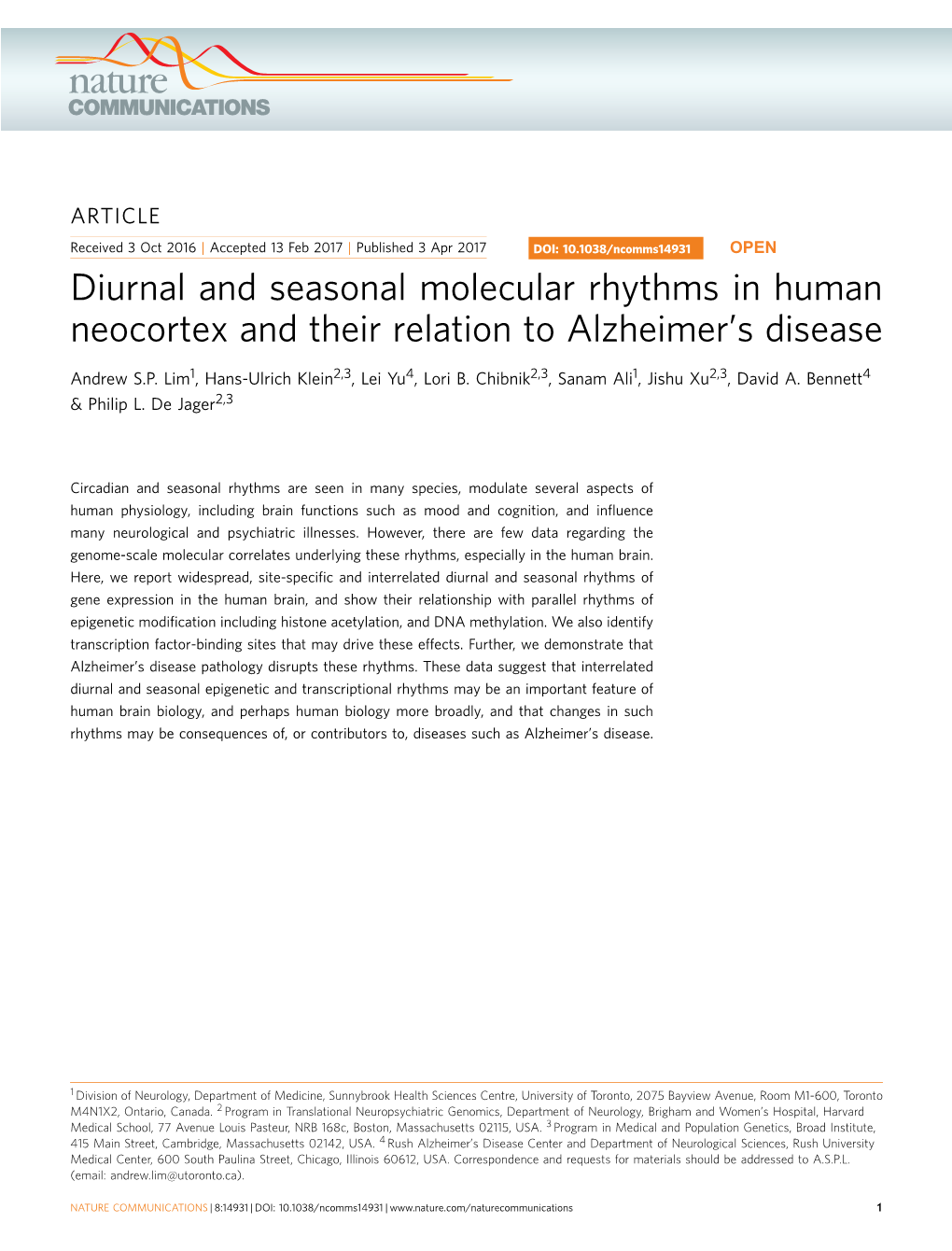 Diurnal and Seasonal Molecular Rhythms in Human Neocortex and Their Relation to Alzheimer&Rsquo;S Disease