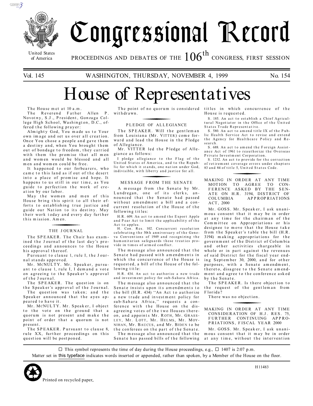 Congressional Record United States Th of America PROCEEDINGS and DEBATES of the 106 CONGRESS, FIRST SESSION