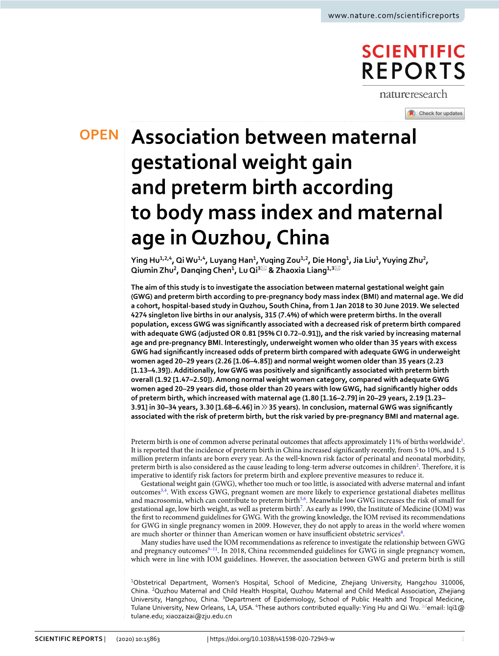 Association Between Maternal Gestational Weight Gain and Preterm Birth According to Body Mass Index and Maternal Age in Quzhou