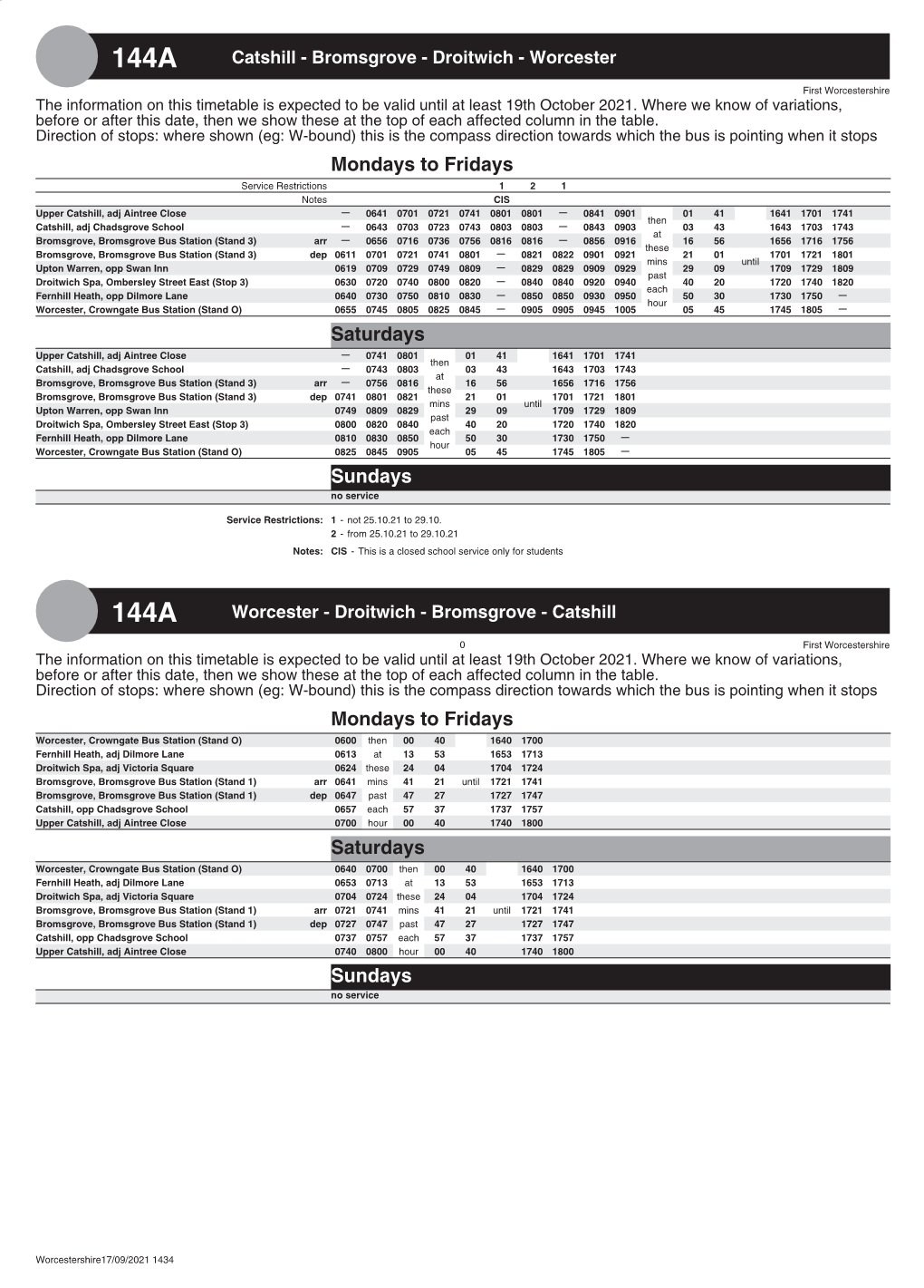 144A Catshill - Bromsgrove - Droitwich - Worcester