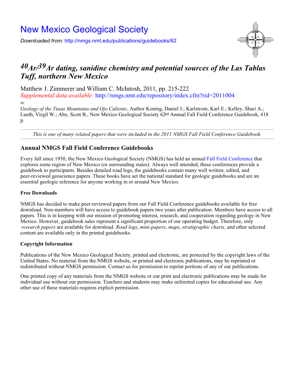 40Ar/39Ar Dating, Sanidine Chemistry and Potential Sources of the Las Tablas Tuff, Northern New Mexico Matthew J