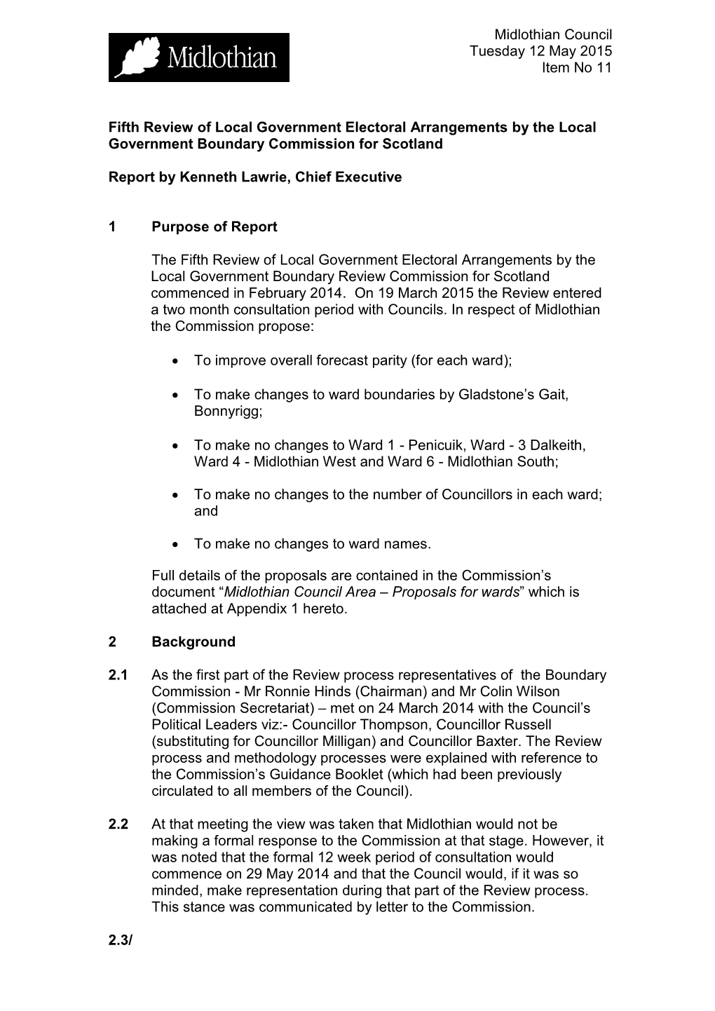 Midlothian Council Tuesday 12 May 2015 Item No 11 Fifth Review Of