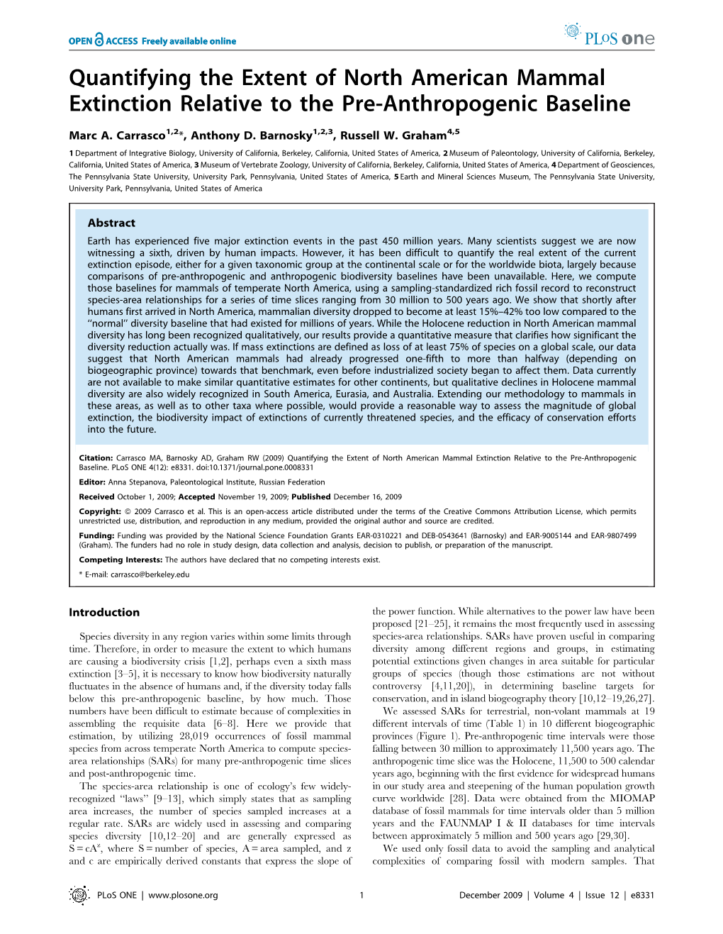 Quantifying the Extent of North American Mammal Extinction Relative to the Pre-Anthropogenic Baseline