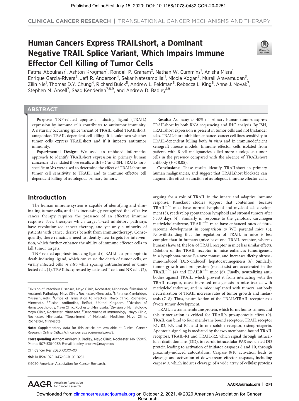 Human Cancers Express Trailshort, a Dominant Negative TRAIL Splice