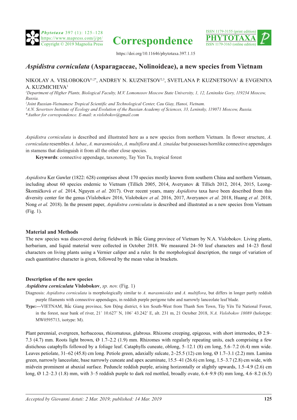 Aspidistra Corniculata (Asparagaceae, Nolinoideae), a New Species from Vietnam