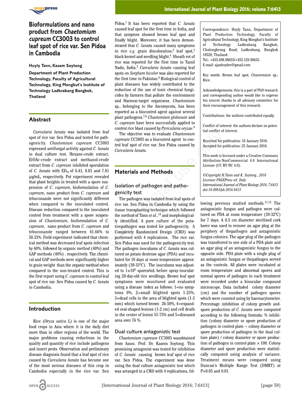 Bioformulations and Nano Product from Chaetomium Cupreum CC3003 to Control Leaf Spot of Rice Var. Sen Pidoa in Cambodia