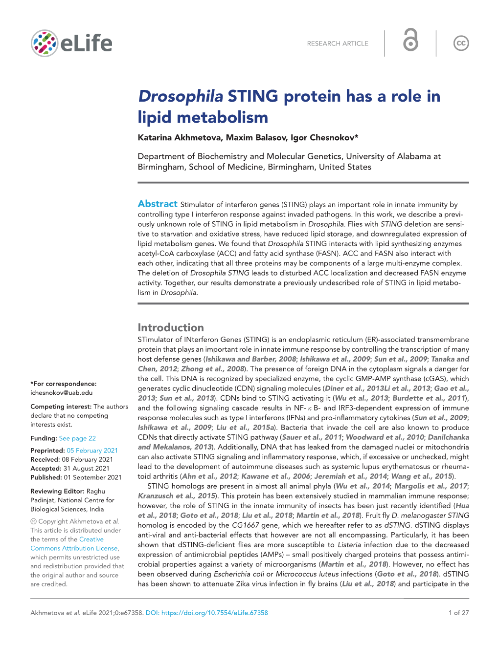 Drosophila STING Protein Has a Role in Lipid Metabolism
