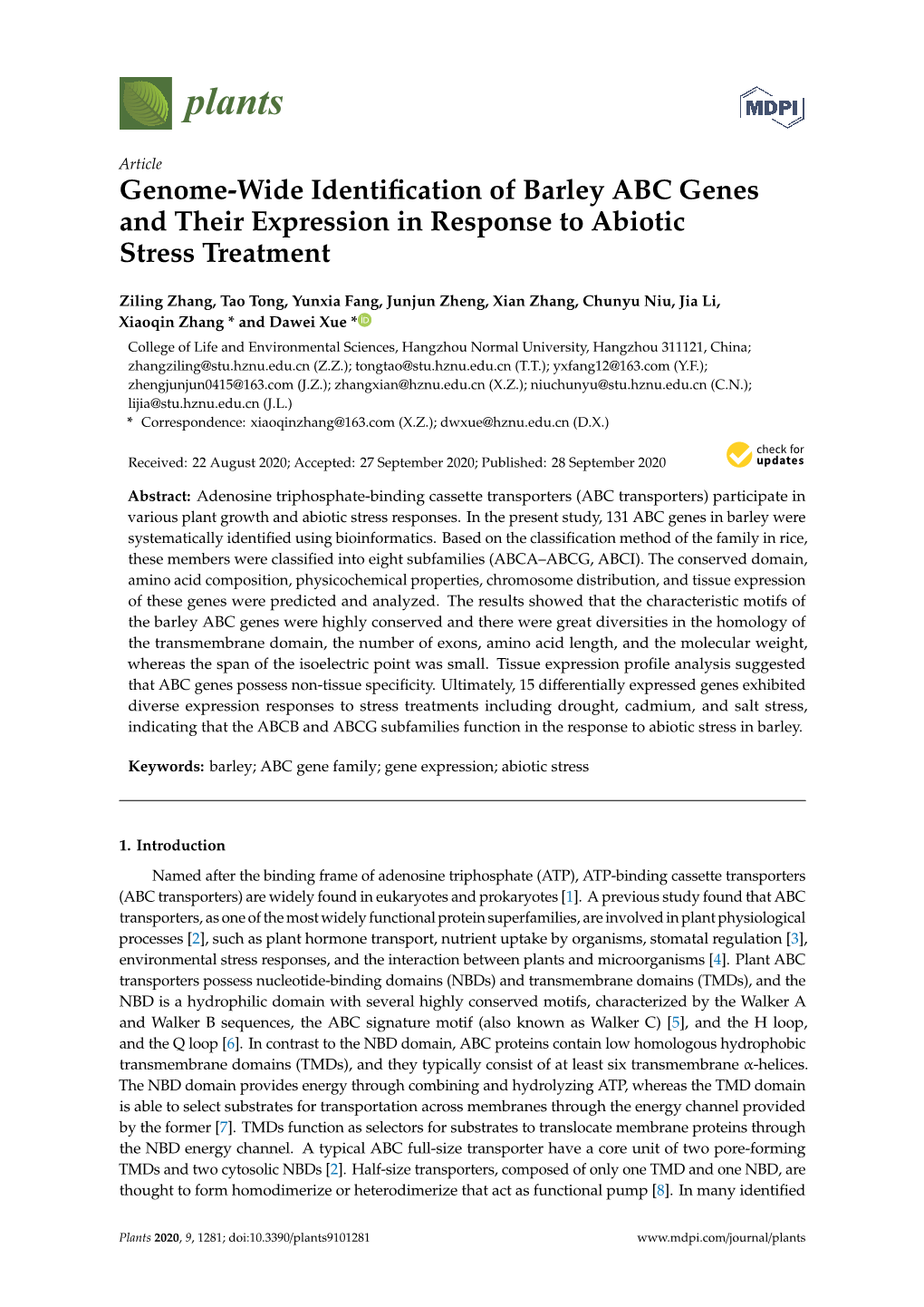 Genome-Wide Identification of Barley ABC Genes and Their Expression