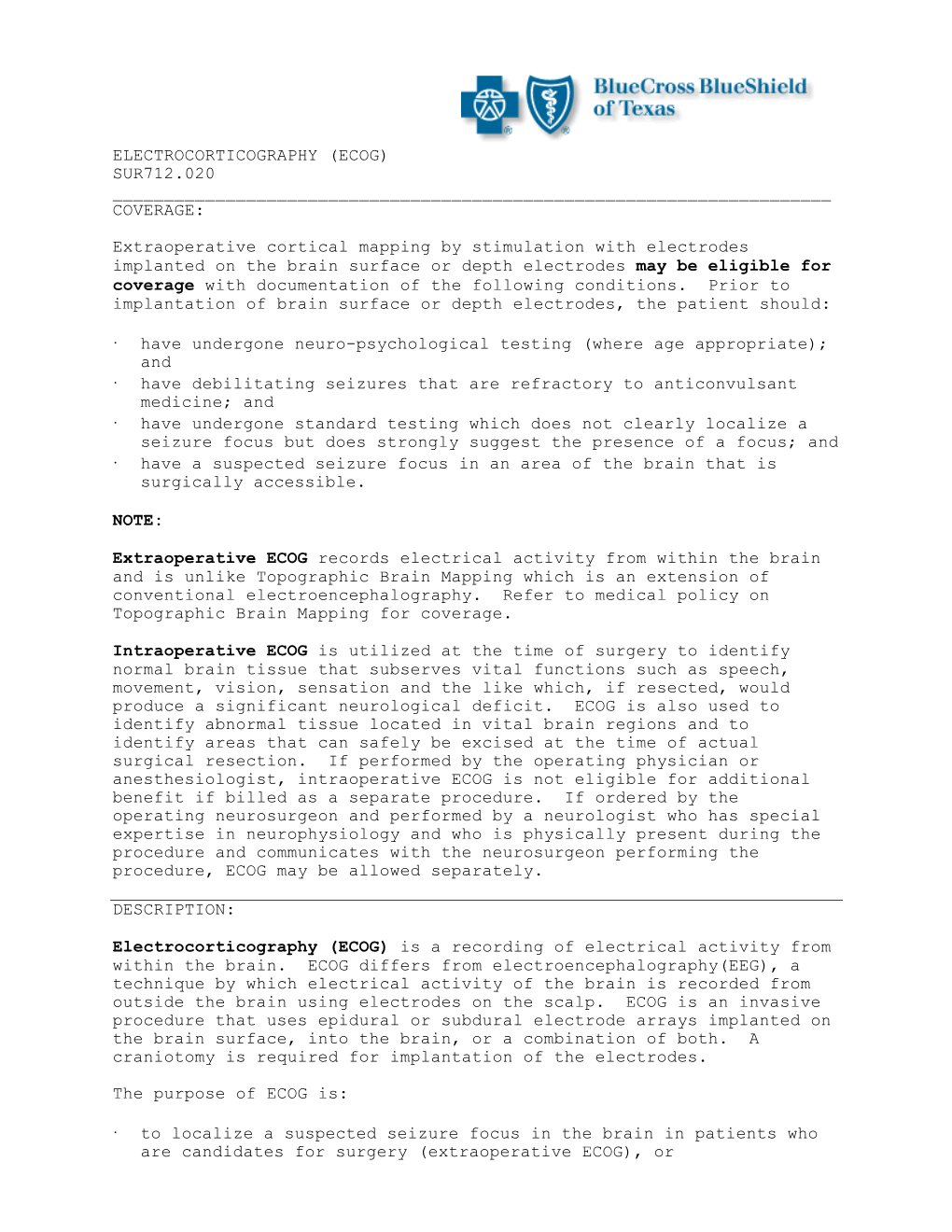 Electrocorticography (Ecog) Sur712.020 ______Coverage